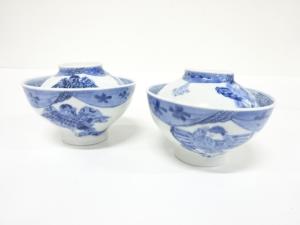 古伊万里　染付　雀　蓋茶碗　2客